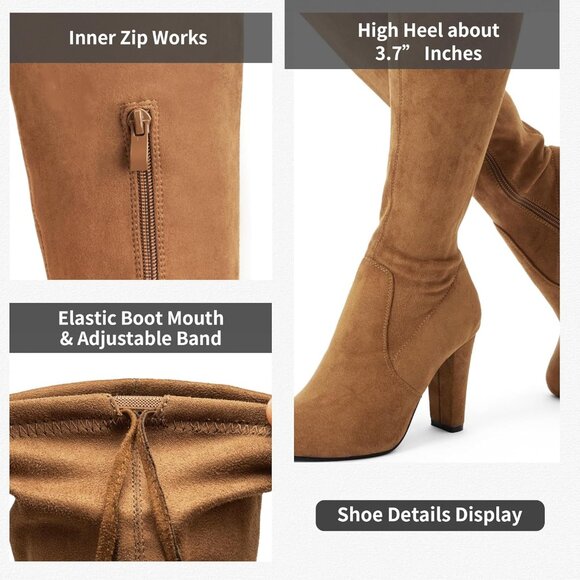 Women's Camel Brown Suede Inner Zipper Thigh High Over The Knee High Heel Boots - Picture 4 of 7